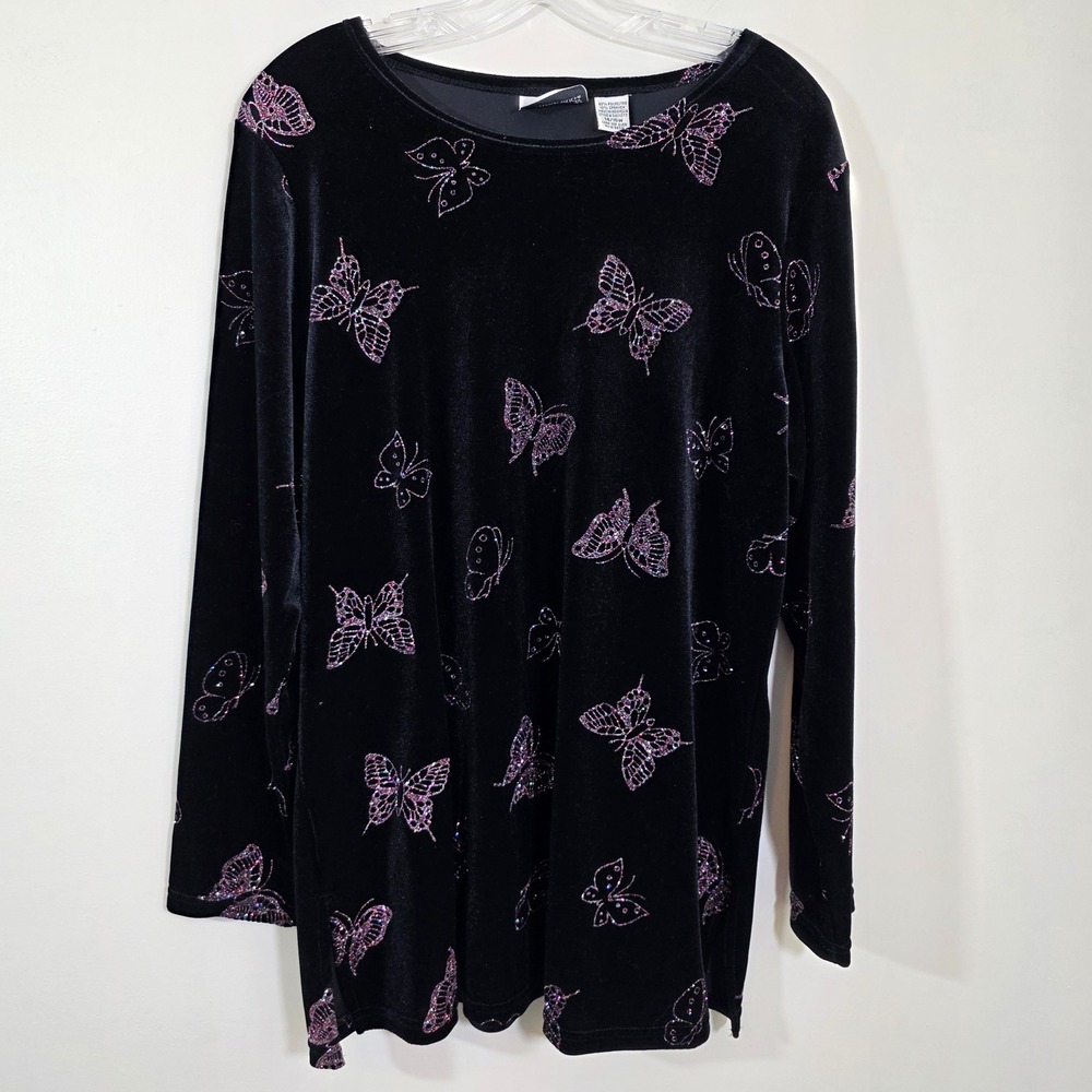 Fashion Bug vtg Women Shirt Glitter Butterfly Velvet Tunic Long Sleeve sz 14/16W